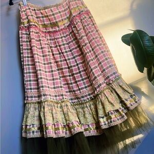 Pink and Green Plaid, Ruffle, and Tiered Midi Skirt with Lace and Tulle (L)